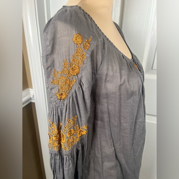 Anthropologie Floreat Charcoal Blouse with Mustard Color Embroidery Size 2 - Picture 5 of 11
